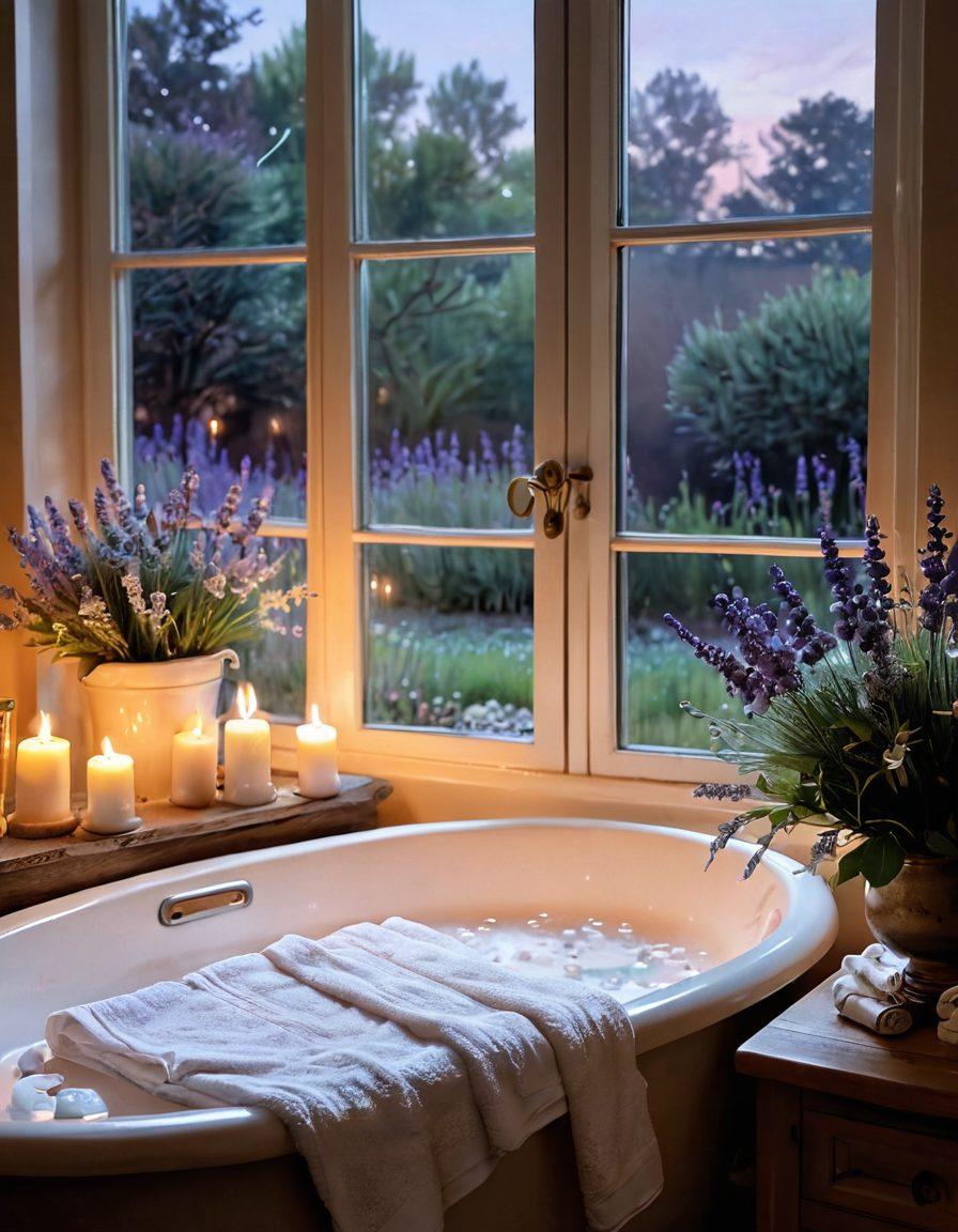 A serene bathroom scene featuring a luxurious bubble bath filled with fluffy, white bubbles, surrounded by soft candlelight. Add fresh lavender sprigs and plush towels neatly arranged nearby to evoke tranquility. A window reveals a peaceful garden view, while a gentle steam rises in the air. Soft pastels and warm lighting create a cozy atmosphere. painting. soft focus. warm colors.