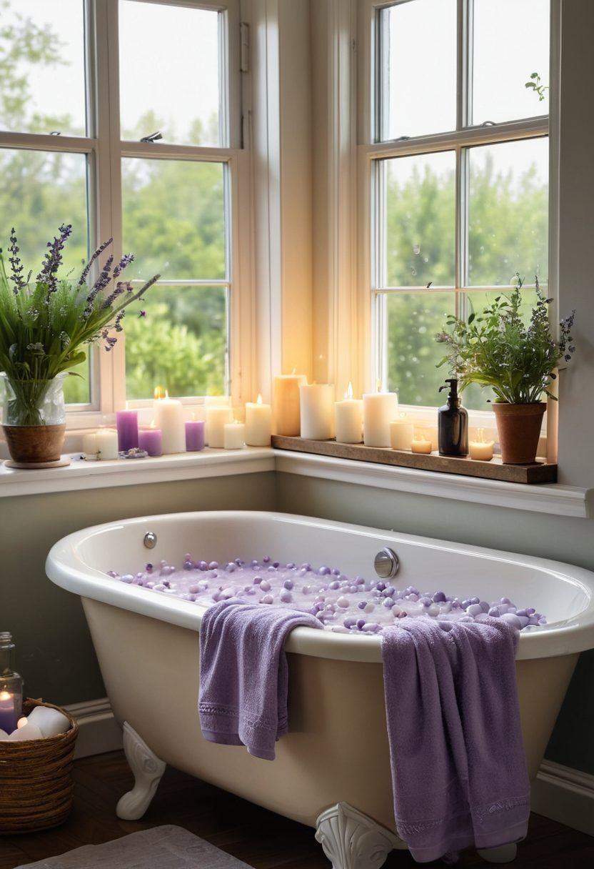 A tranquil bathroom scene featuring a beautifully decorated bathtub filled with serene lavender bubbles, surrounded by flickering candles and lush green plants. Soft pastel colors dominate the setting, with sunlight filtering gently through a window, casting warm shadows. An inviting atmosphere exudes calmness, with a cozy towel rack and a shelf adorned with aromatic oils and bath salts. evoke feelings of peaceful relaxation and joy. super-realistic. vibrant colors. natural light.