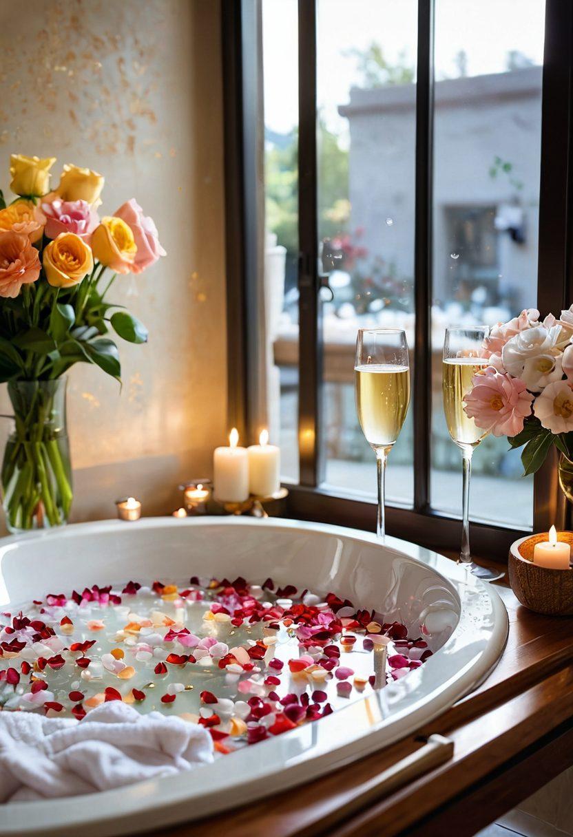 A serene bathroom scene featuring a luxurious bubble bath filled with fluffy white bubbles, surrounded by aromatic candles and vibrant flower petals. Soft sunlight filters through a frosted window, creating a warm and inviting atmosphere. Add a plush bathrobe hanging nearby and a glass of bubbly champagne on a sleek wooden tray. The color palette should emphasize calming pastel tones with hints of gold. super-realistic. warm colors. soft focus.